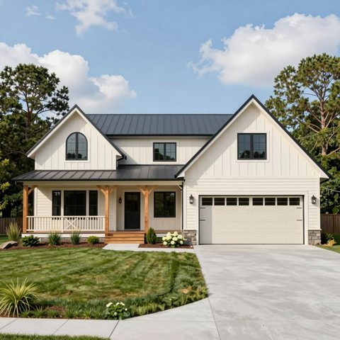 Dark charcoal gabled home with a stone chimney, large glazed gable and a lit entry porch at dusk