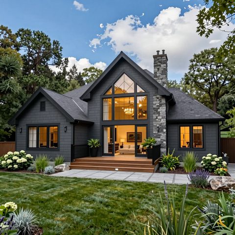 Charcoal gabled home with a stone chimney, large glazed gable and a lit porch at dusk