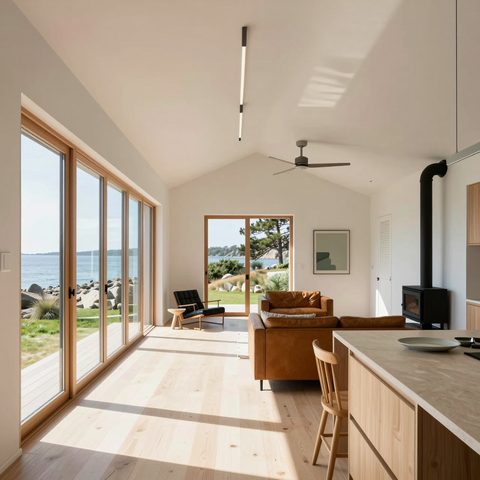 White vaulted living space with sliding glass doors to a lake, wood floors and a black wood stove