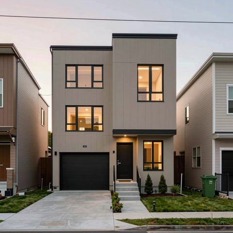 Contemporary two-storey home in warm grey cladding with a dark entry tower and lit windows at dusk