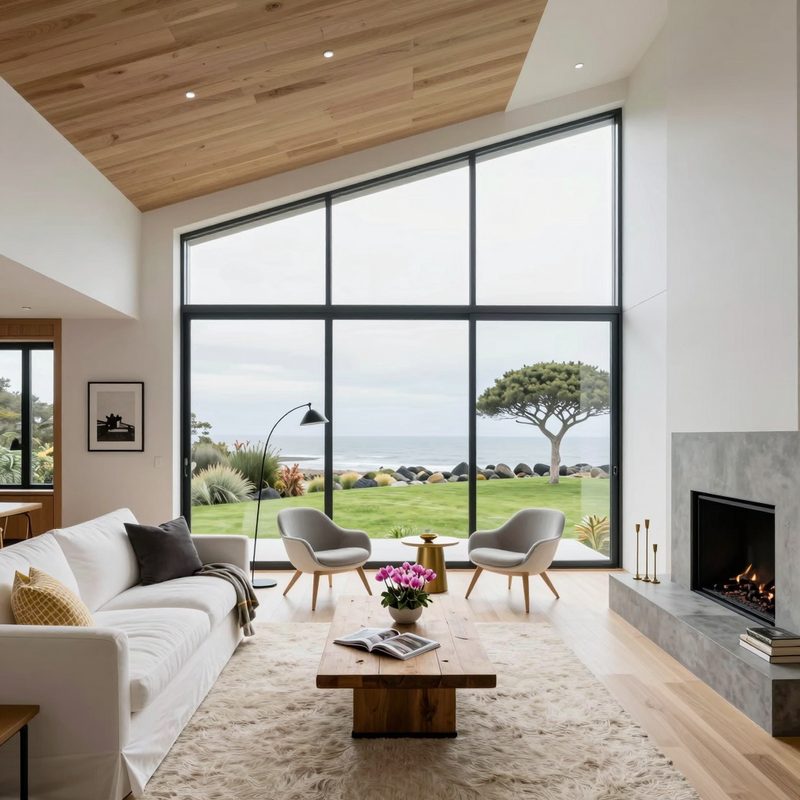 Bright living room with a full-height glazed wall overlooking an ocean view, wood ceiling and a stone fireplace